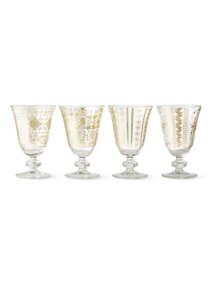 Mosaic Gold Leaf Goblets, Mixed, Set Of 4