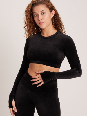 Velour Long Sleeve Crop Sports Top - Black