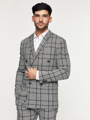 Black Windowpane Check Double Breasted Skinny Suit With Notch Lapels