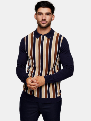 Navy Stripe Zip Knitted Polo