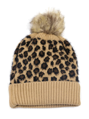 'tricia' Leopard Printed Knit Beanie With Pom Pom (3 Colors)