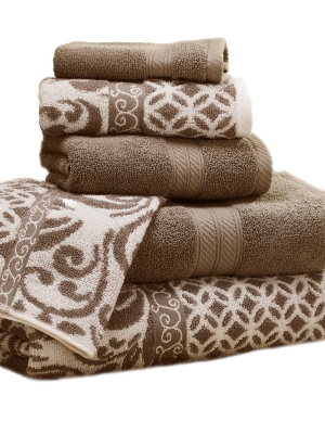 Modern Threads Reversible Yarn Dyed Jacquard 6 Piece Towel Set, Trefoil Filigree, Mocha.