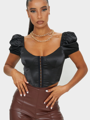 Black Satin Puff Short Sleeve Pointed Hem...