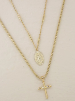 Like A Prayer Layered Cross And Coin Necklace