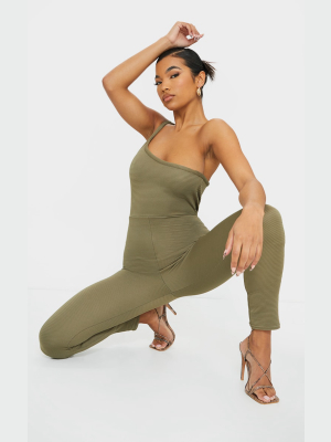 Khaki Thick Rib One Shoulder Jumpsuit