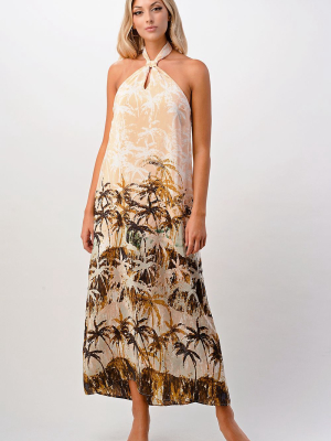 Kaii Palm Tree Printed Halter 100% Silk Maxi Dress