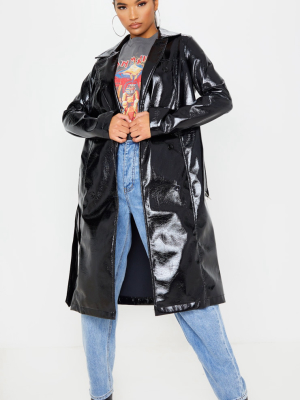 Black Vinyl Crinkle Trench Coat