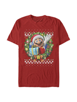 Men's Nintendo Ugly Christmas Mario Wreath T-shirt