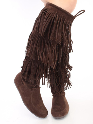 Baylee10 Brown Knee High Lace Up Multi Layer Fringe Boot