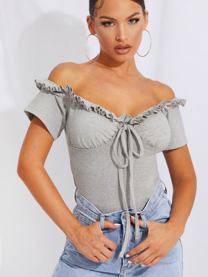 Grey Rib Ruched Cup Frill Bardot Bodysuit