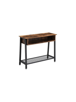 Wooden Console Table With Metal Framework And Mesh Bottom Shelf Brown And Black - Benzara