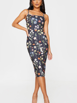 Black Floral Print Crepe Strappy Midi Dress