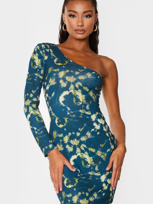 Teal Tie Dye One Shoulder Long Sleeve Bodycon...