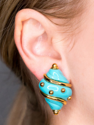 Turquoise Shell With Gold Dots Clip Earrings