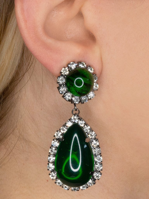 Gunmetal, Crystal And Emerald Cabochon Teardrop Clip Earrings