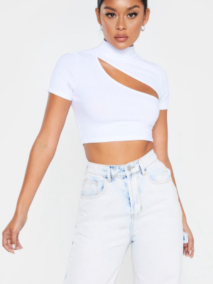 White Rib High Neck Cut Out Crop Top