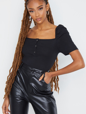 Black Rib Puff Short Sleeve Bodysuit