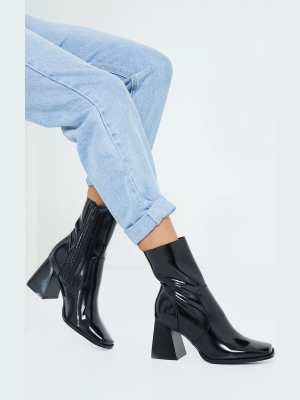 Black Pu Flared Block Heel Square Toe Boots