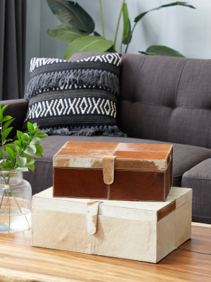 Set Of 2 Cowhide Leather Decorative Boxes Brown/white - Olivia & May