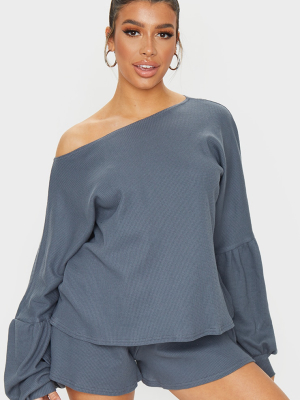 Grey Waffle Knit Crew Neck Balloon Sleeve Sweater