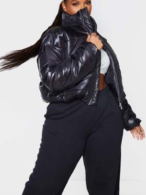 Plus Black High Shine Cropped Puffer Jacket