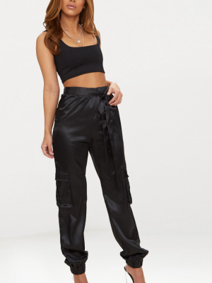 Petite Black Satin Cargo Pants