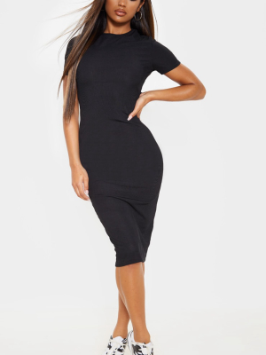 Black Ribbed Crew Neck Midi Dress