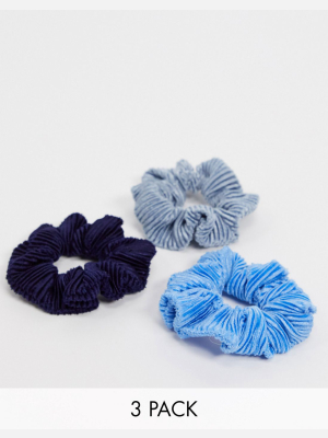 Asos Design Pack Of 3 Pleated Velvet Scrunchies In Blue Tones