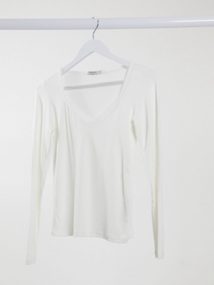 Stradivarius Long Sleeve Top With Lace Trim In White