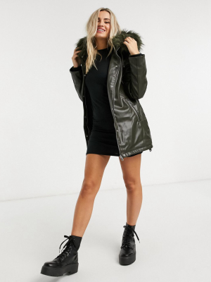 Urban Bliss Faux Fur Hood Parka Jacket In Khaki