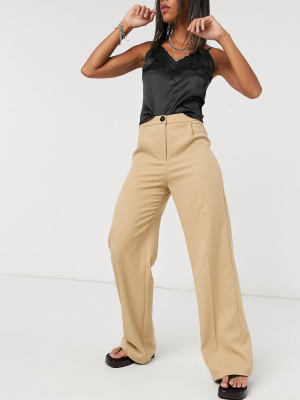 Bershka Wide Leg Tailored Pants In Beige