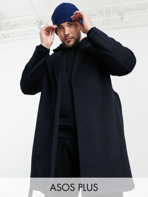 Asos Design Plus Wool Mix Coat With Belt In Navy