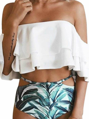 Layered Ruffle Off Shoulder High Waist Bikini Swimsuit - Two Piece Set