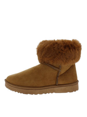 R0012 Camel Faux Fur Fold Over Lug Sole Boot