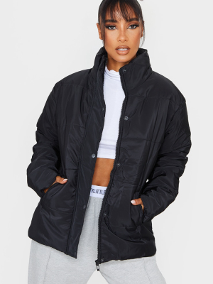 Black Basic Panel Zip Up Puffer