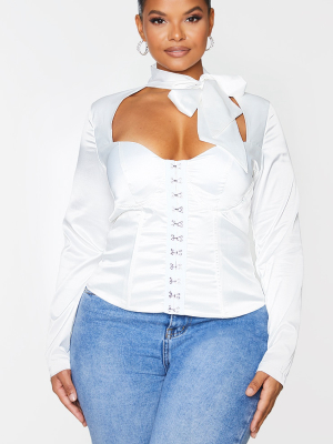 Plus White Satin Tie Neck Corset Top