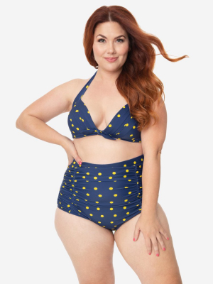 Unique Vintage Plus Size Navy & Yellow Dotted Monroe Halter Swim Top