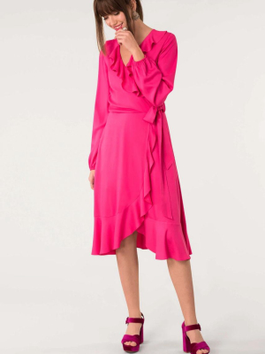 Pink Long Sleeve V-neck Frill Wrap Dress