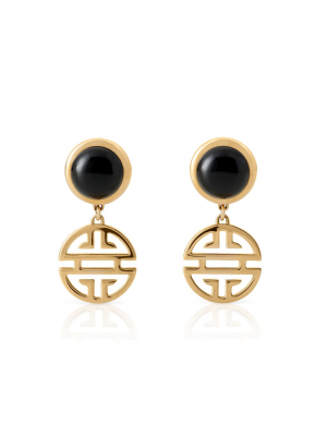 Black Nephrite Jade With Shou Drop Earrings