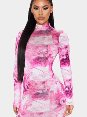 Hot Pink Dragon Print Slinky High Neck Long...