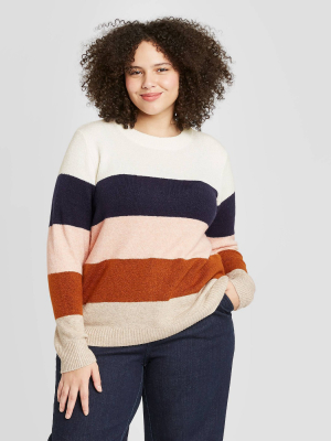 Women's Plus Size Striped Crewneck Pullover Sweater - Ava & Viv™