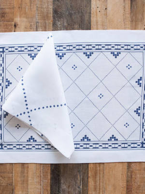Anfa Blue And White Linen Placemat - Set Of Four