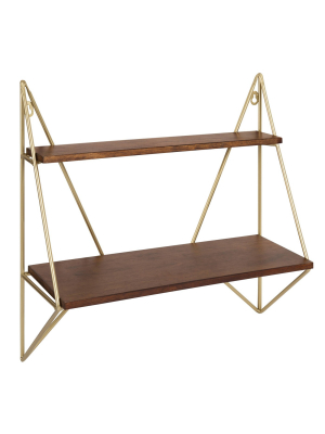 19.5" X 19.2" Melita Two-tier Wood And Metal Wall Shelf Brown/gold - Kate & Laurel All Things Decor