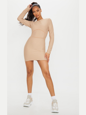 Stone Rib Binding Detail Long Sleeve Bodycon Dress