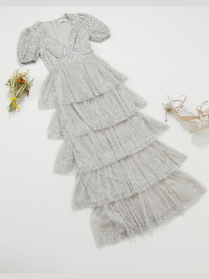 Maya Bridesmaid Delicate Sequin Tiered Ruffle Maxi Dress In Silver