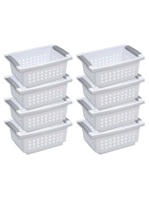 Sterilite 16608008 Small Stacking Basket With Titanium Accents, White (8 Pack)