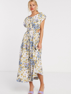 & Other Stories Retro Floral Print Cut-out Detail Midi Dress In Multi