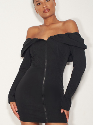 Black Bardot Zip Front Shirt Bodycon Dress