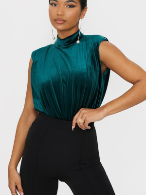 Emerald Green Velvet High Neck Shoulder Pad...