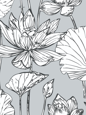 Lotus Floral Peel-and-stick Wallpaper In Grey And Ebony By Nextwall
